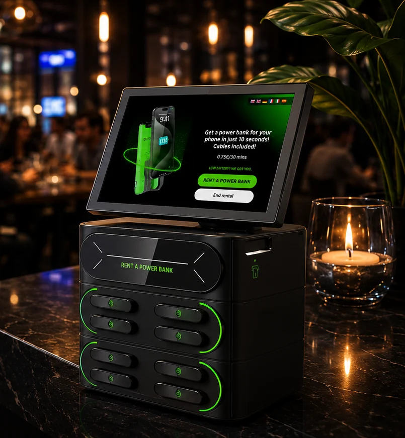 Catch A Charge portable phone charger rental kiosk with eight power banks on a Las Vegas bar counter