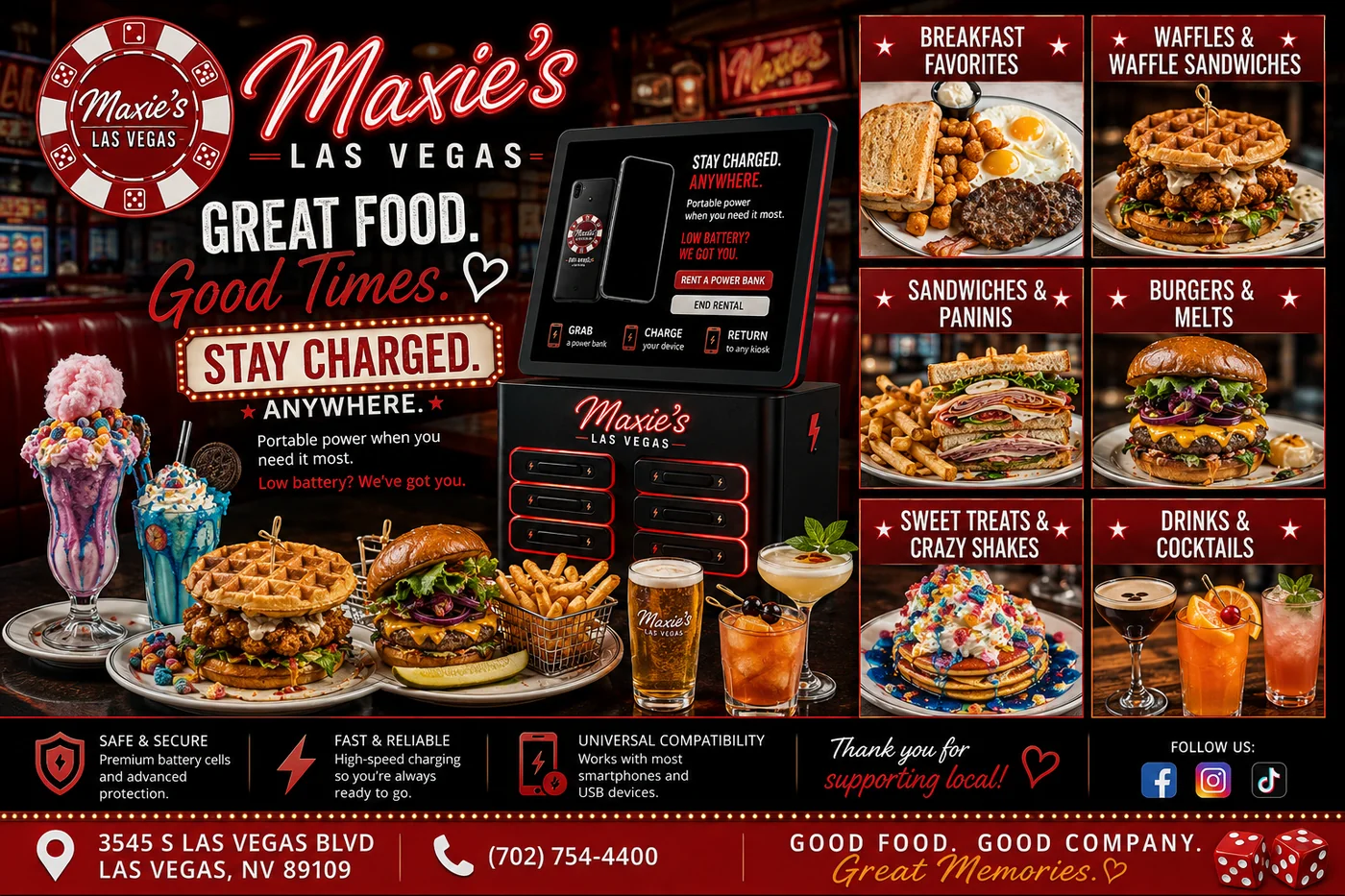 Maxie's Las Vegas - Catch A Charge phone charging kiosk partner in Las Vegas