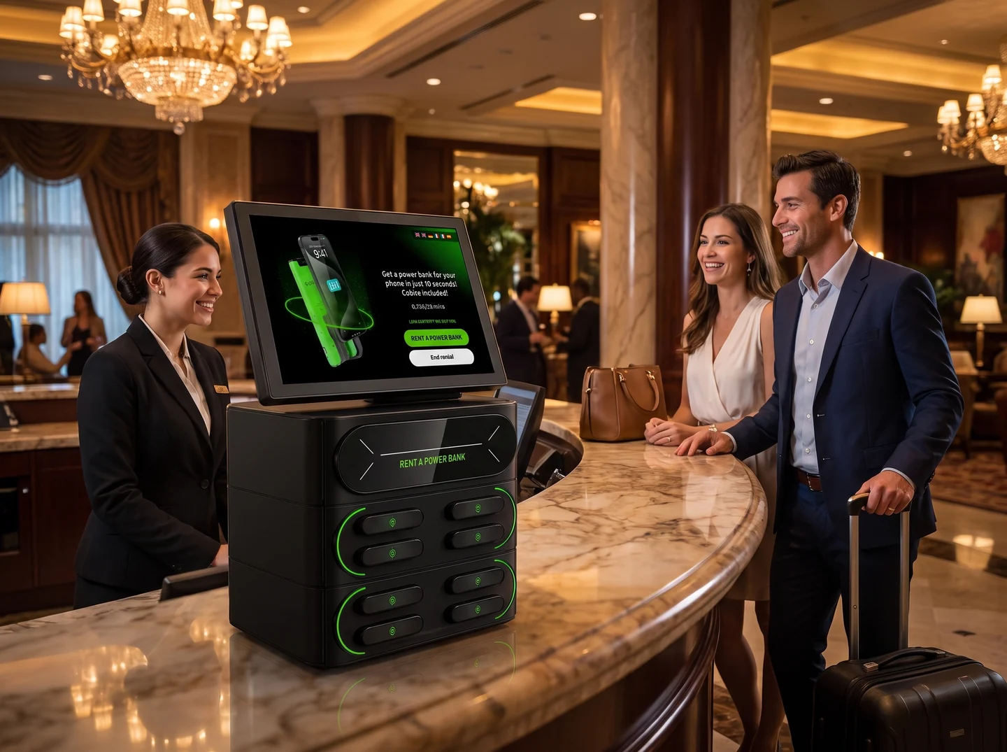 Managed Catch A Charge charging kiosk in a Las Vegas hotel lobby