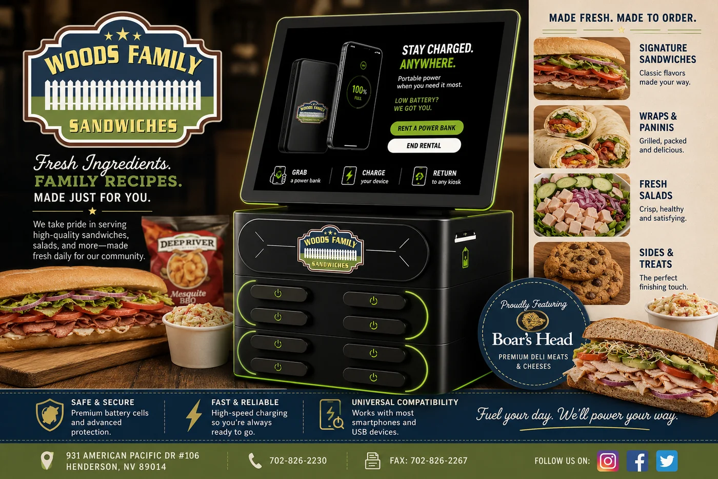 Woods Family Sandwiches (WF Sandwiches) - Catch A Charge phone charging kiosk partner in Las Vegas