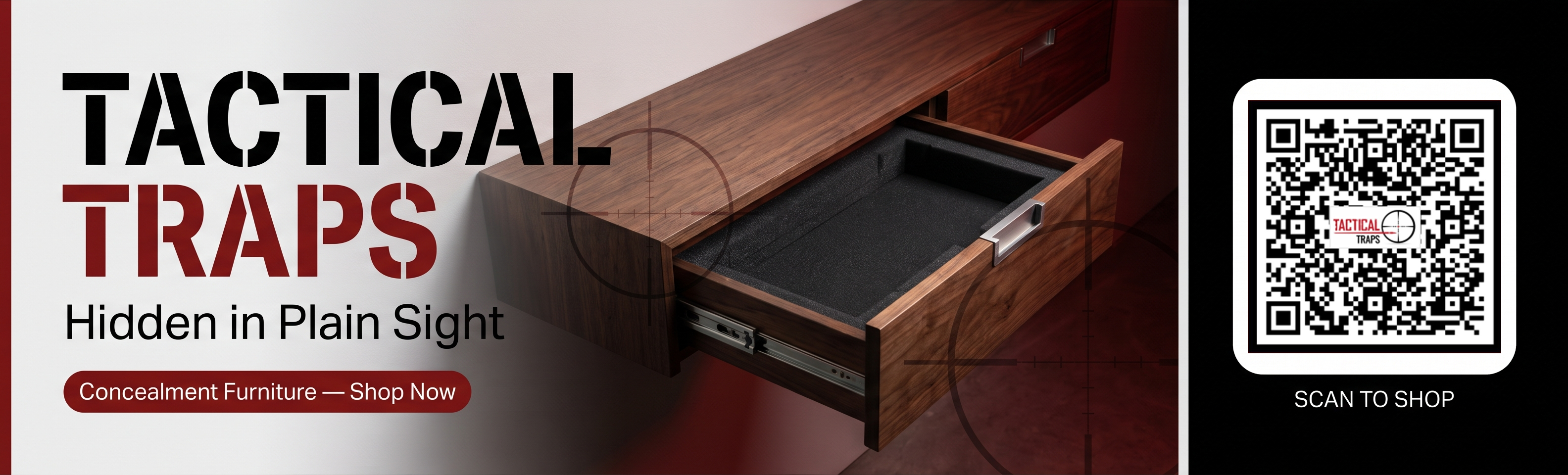 Tactical Traps concealment furniture with a hidden drawer and a QR code to shop using our sponsored affiliate link