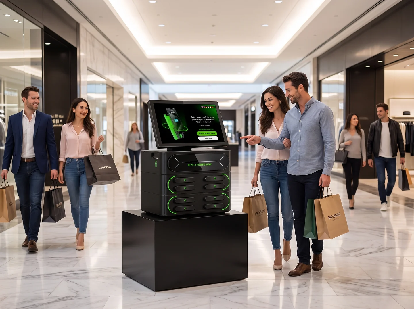Catch A Charge digital screen advertising kiosk in a Las Vegas shopping mall