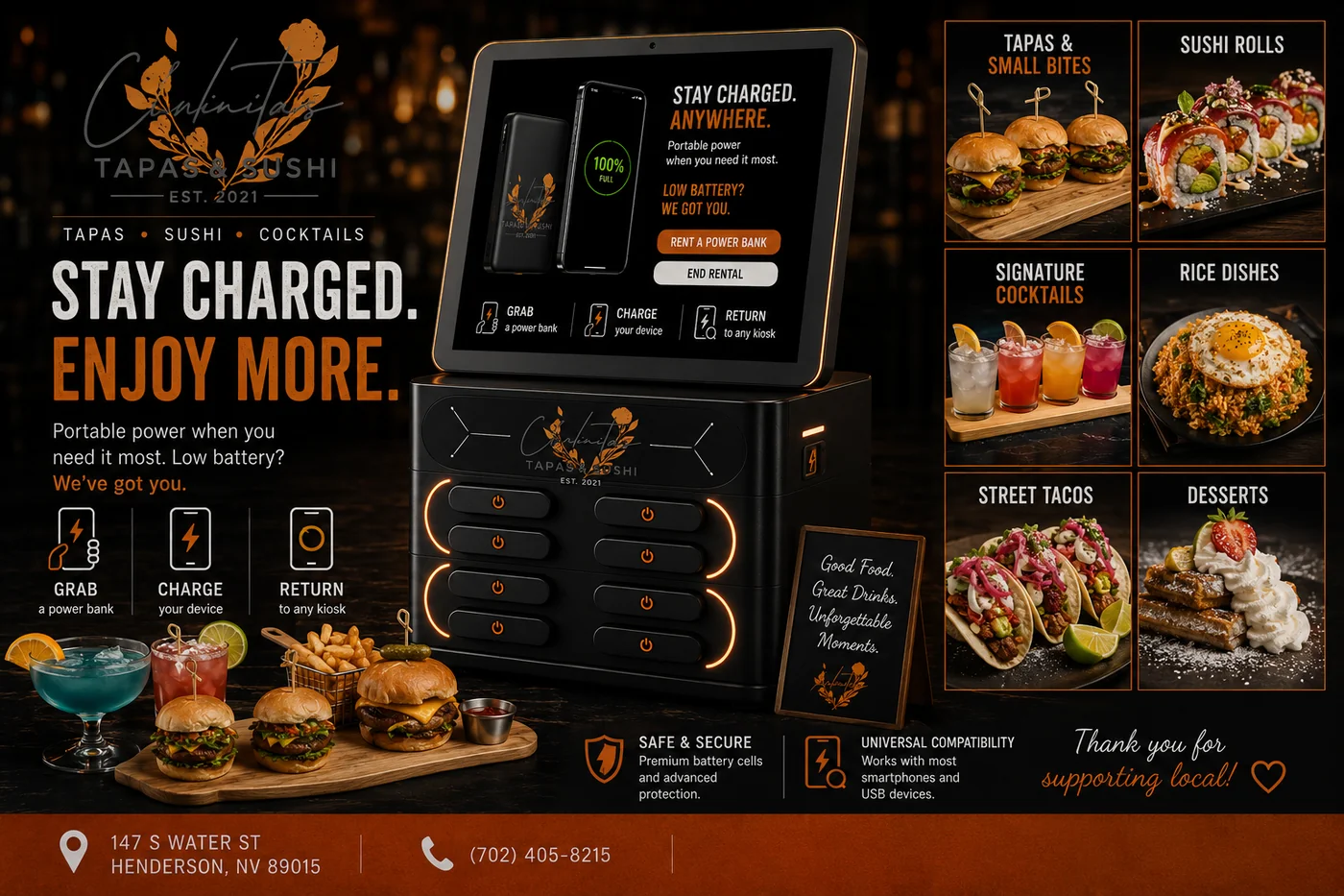 Chinitas Tapas & Sushi - Catch A Charge phone charging kiosk partner in Las Vegas