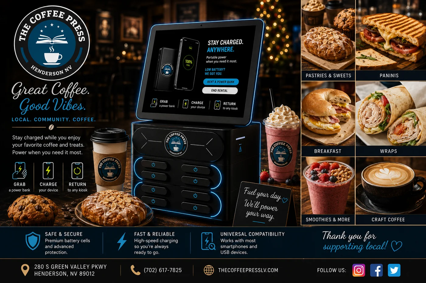 The Coffee Press - Catch A Charge phone charging kiosk partner in Las Vegas